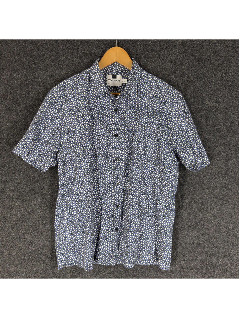 Topman Shirt Men XL Blue Animal Print Button Up Collared Short Sleeve Regular